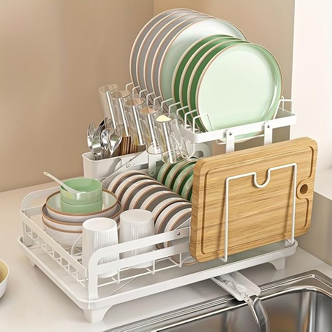 2 Tier Dish Drying Rack Automatic Drainage Board Space-Saving for Kitchen Counter with Cups Holder