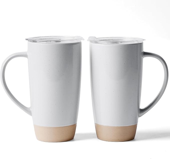 famiware Milkyway Coffee Mugs, 20oz Large Coffee Mug, Ceramic Mug Set of 2 with Lid, Cup Set with Handle for Latte, Tea, Cocoa, Milk, Home & Office, Light Gray