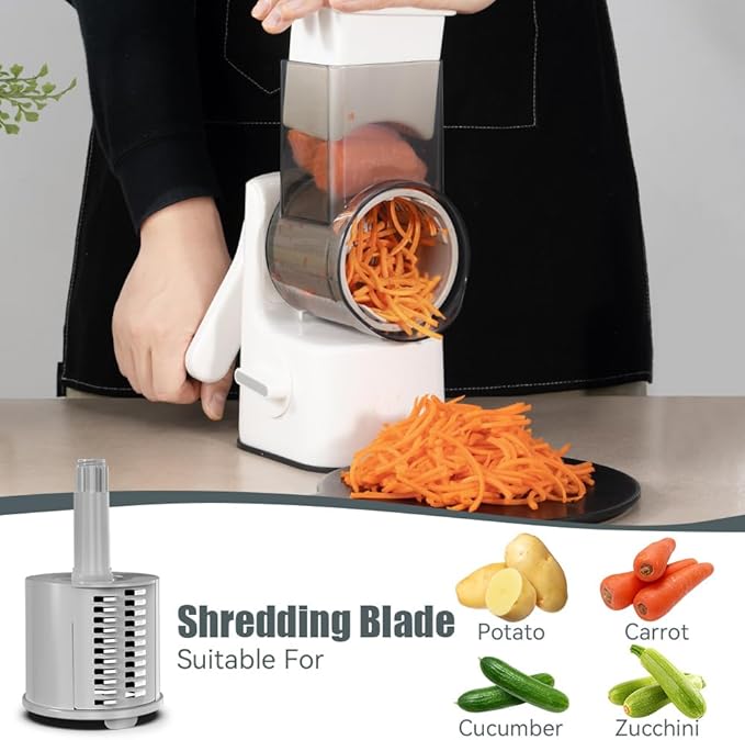 Safe Vegetable Mandoline Slicer Large Multifunctional Rotary Cheese Grater Hand Crank Easy Rotating Veggie Shredder Anti-Cutting, 3 Interchangeable Blades (WhiteGrey)