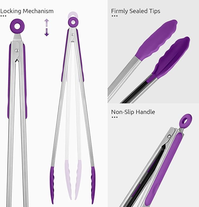 600ºF Heat Resistant Kitchen Tongs: U-Taste 16 inch Extra Long Large Silicone Cooking Tong with Sturdy Non Stick Rubber Tips & Non Slip Silicon Coated 18/8 Stainless Steel Handle for Grill BBQ(Purple)
