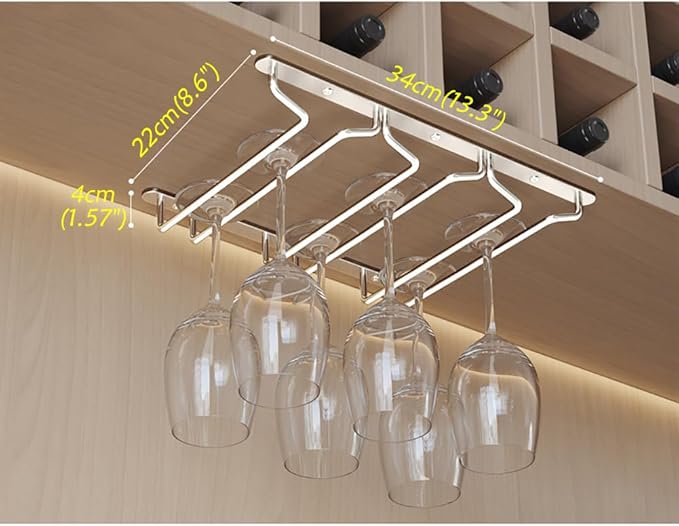 CAKERS Under Cabinet Hanging Stemware Display Rack|304 Stainless Steel Wine Glass Holder|Wine Glass Storage Organizer Hanger,3 Rows,22cm(8.6in)