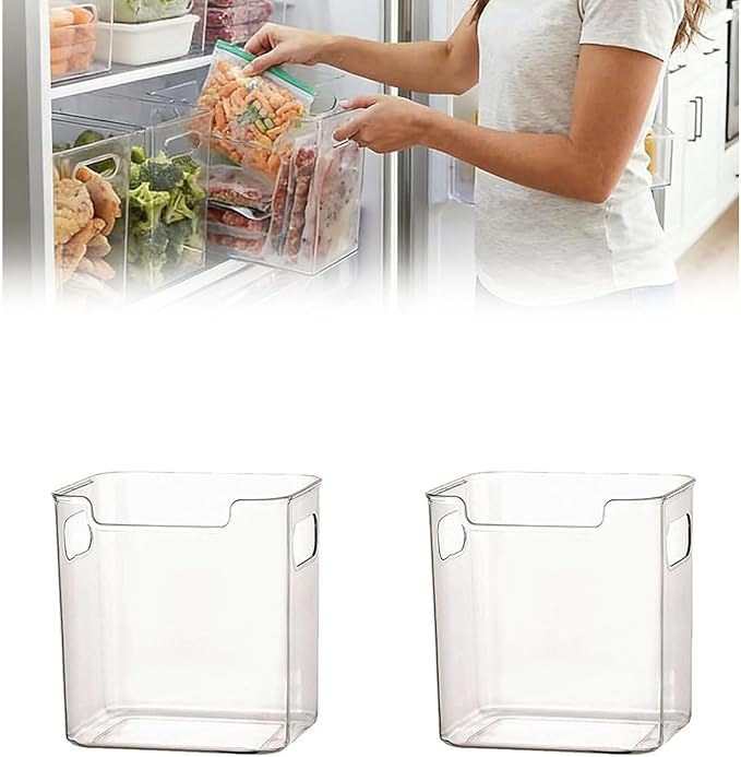 Freezer Storage Bins 4-Pack - Stackable Plastic Organizer with Handles for Refrigerator, Pantry & Kitchen Cabinet, for Frozen Food, Meat & Veggies (A# S, 2 Pack)
