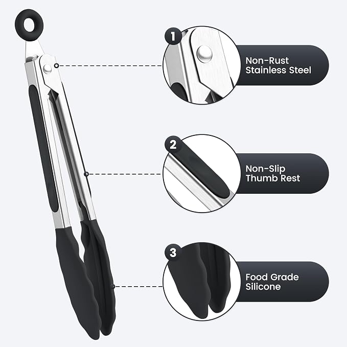 7-Inch Silicone Tongs Pack of 6, Small Stainless Steel Tongs with Silicone Tips for Cooking, Serving, BBQ, Grilling, Salad, Buffet, Party (7", Black/Gray/White)