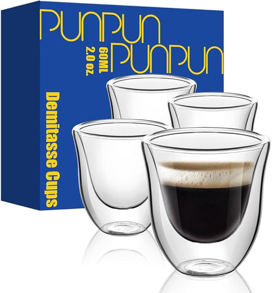 PunPun Espresso Cups, 2.0OZ. 60ml, Double Wall Clear Thermo Glass, Set of 4