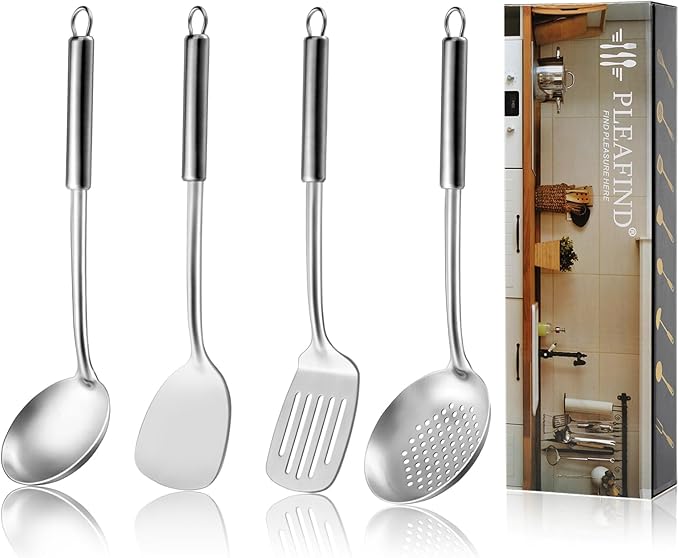 Pleafind Cooking Utensils Set - 4 Pcs Stainless Steel Kitchen Utensils, Wok Utensils Set Includes Spatula, Slotted Spatula, Ladle, Slotted Spoon, Ergonomic Handle & Heat Resistant, Dishwasher Safe