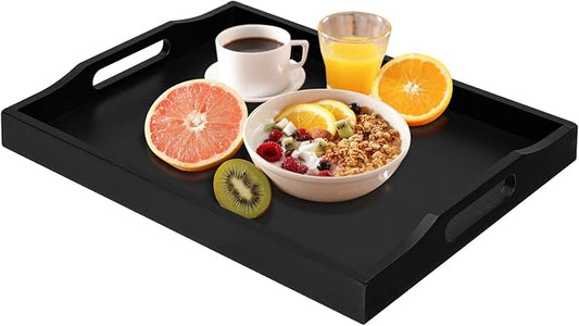 RRX Bamboo Food Serving Tray with Handles,Breakfast Bed Tray (Black) | Wood Tray for Tea, Snack, Dinner, Home Decorative Storage Food, Platter, Ottoman for Kitchen Counter, Bathroom, Restaurant