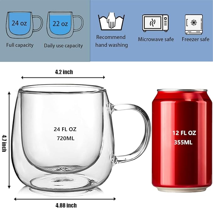 Large Double Walled Glass Coffee Mugs Beer Cups 24oz set of 2, Insulated Clear Borosilicate Glass Tea Lemonade Cups with Handle