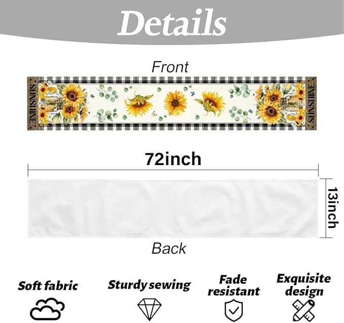 Sunflower Table Runner, Buffalo Floral Table Runners 13x72 inches, Sunflower Living Room Kitchen Dining Decor for Seasons Spring Summer Fall Farmhouse Home Party Indoor Outdoor Decor