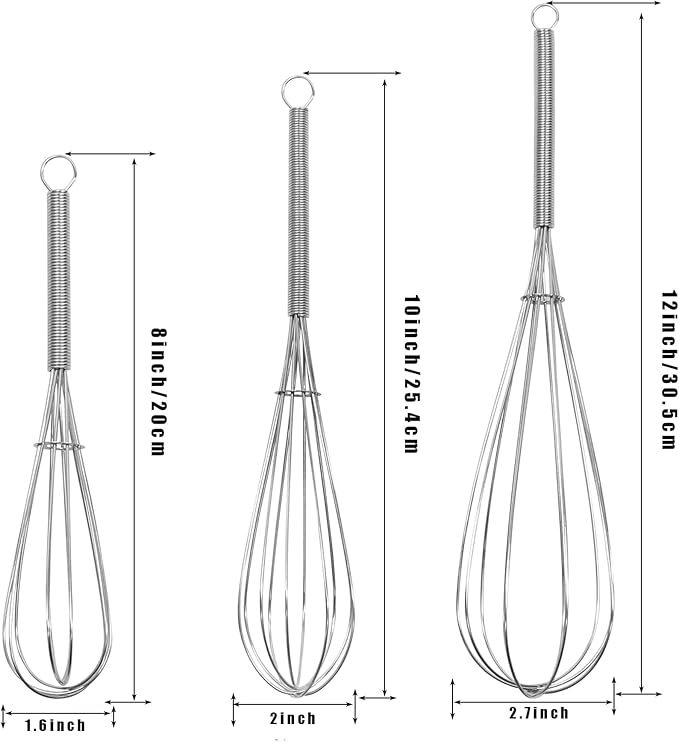 Digead Mini Wire Whisk, 3 Pack - 8, 10 & 12 Inch Small Whisk for Cooking - Ergonomic Spiral Handle, 304 Stainless Steel - Lightweight Mixing Tool for Whisking, Beating & Mixing Sauces - Silver