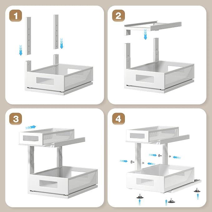 1 Pack 15.74IN-Depth Under Sink Organizer with Next-Gen Ball-Bearing Slides,2-Tier Pull Out Cabinet Storage,Height Adjustable Drawer Shelf for Bathroom,Kitchen,Laundry,Cabinet,Pantry-White