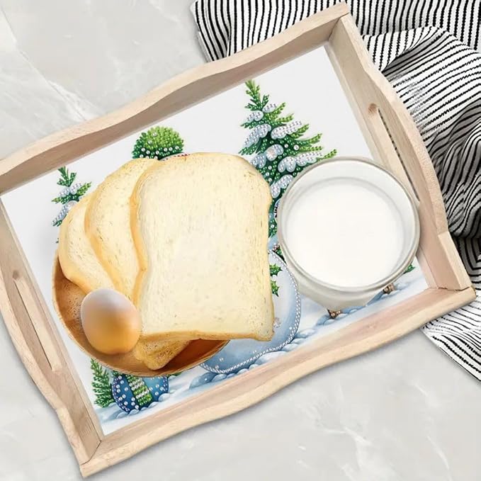 DIY Diamond Serving Tray Rectangular Breakfast Tray with Handle Handmade Diamond Art Painting Wooden Tray for Dinner Plate Coffee Room Living Home Organizer-Snowman