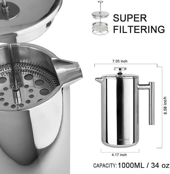 Secura French Press Coffee Maker, 304 Grade Stainless Steel Insulated Coffee Press with 2 Extra Screens, 34oz (1 Litre), Silver (Pack of 3)