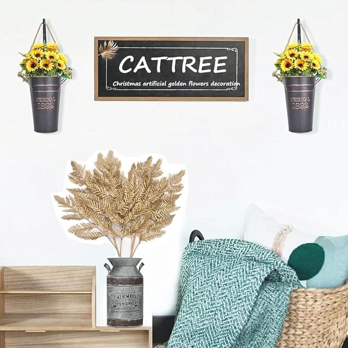 CATTREE Gold Ferns Artificial Plants Large Tall 30" 2 Pack Christmas Decorations, Fake Golden Boston Leaves Plastic Fern Palm Bushes Faux Shrubs Simulated Leaf for Party Wedding DIY Décor
