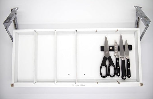The Drop Block Under Cabinet Spice Rack - Pull down Spice Rack -Safely and neatly store steak knives, utensils, crafts and more (White)