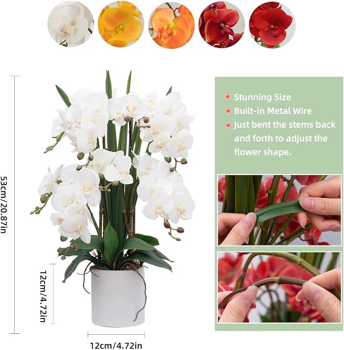CXGS Artificial Orchid Flower Plants Real Touch Faux Orchids in Ceramic Vase 20.9'' White Phalaenopsis Orchid Fake Flower Arrangement Home Indoor Decor