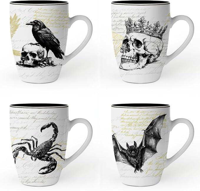 OrnamentallyYou Coffee Mug Holiday Kitchen Drinkware, Multiple Designs Available (Elegant Goth Set of 4 Ceramic Mugs)