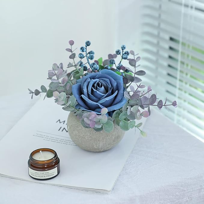 Small Artificial Blue Rose Potted Plant, 6" Fake Silk Flowers in 3.5" Round Pot, Mini Faux Floral Arrangement for Desk Shelf Bathroom Decor