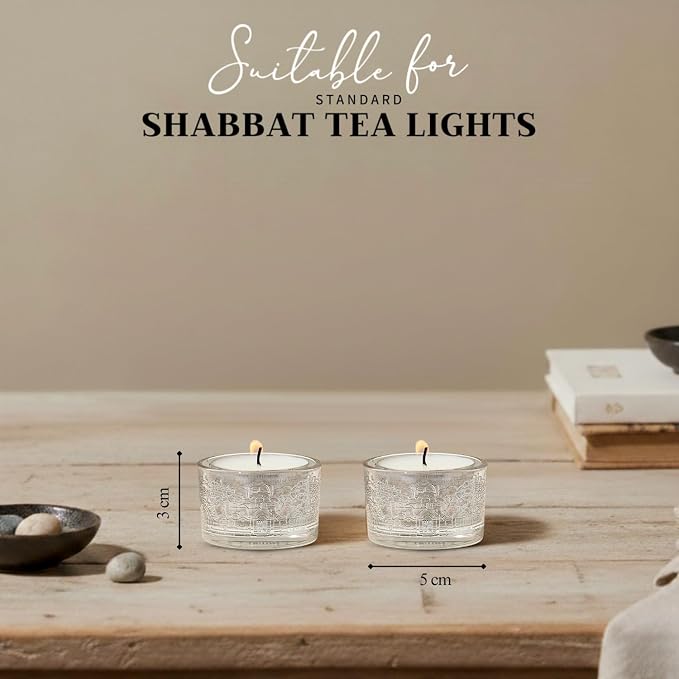 SURI Jerusalem Design Glass Shabbat Tea Light Candle Holder Set of 2 – Modern Judaica Home Décor
