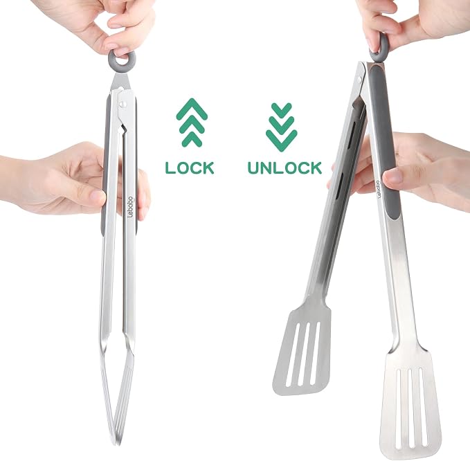 Metal Tongs for Cooking, Set of 2 Stainless Steel Spatula Tongs for Grilling, Cooking and Flipping, Strong Grip for Ribs, Steak and Fish, Comfortable Grip, Pull Lock, 9 inch & 12 inch, Gray