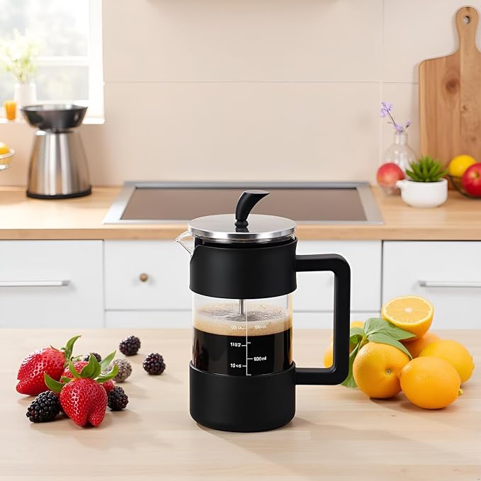 Glass French Press 34oz, Plastic-Free Carafe with Insulated Shell | Easy-Read Measurements, No-Drip Spout, Ergonomic Handle, Brews Hot Coffee, Tea & Cold Brew