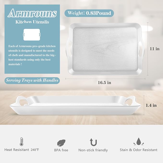 2PC White Serving Trays with Handles, 16 x 11.2 inch Rectangular Non Skid Multi-Purpose Plastic OttomanTray for Restaurant, Parties, Coffee Table, Kitchen