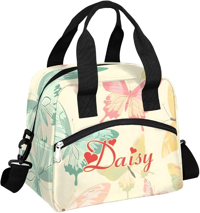 Personalized Yellow Butterfly Lunch Bag for Women, Custom Name Insulated Cooler Lunch Box for Work Office Picnic,Leakproof Reusable Lunch Tote Bag