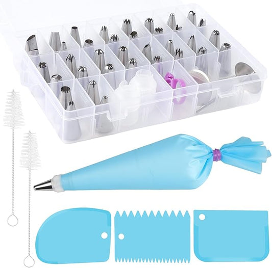 49pcs Piping Bags and Tips with Storage Case Set, 36 Stainless Steel Piping Tips, Reusable Pastry Bags, Scrapers and Storage Case, Frosting Tip for Cupcakes Cakes Cookies Decoration DIY Baking