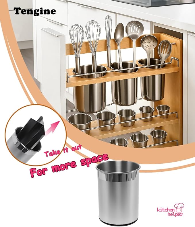 Stainless Utensil Holder 360° Rotating 6.5X5.25 Inch Utensil Crocks for Kitchen Counter with Removable Divider Bright