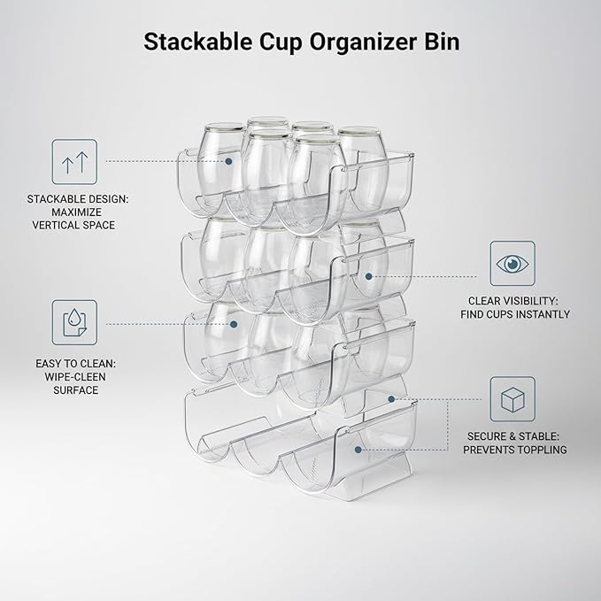 Clear Stackable Cup Organizer Bin, Vertical Storage Container for Kitchen Cabinets & Pantry, Durable PP Plastic