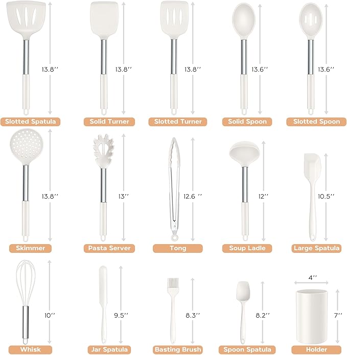 Onader Silicone Kitchen Utensils Set, 15pcs White Silicone Cooking Utensils Set with Holder, Includes Heat Resistant Spatula Turner Spoon Whisk Tong