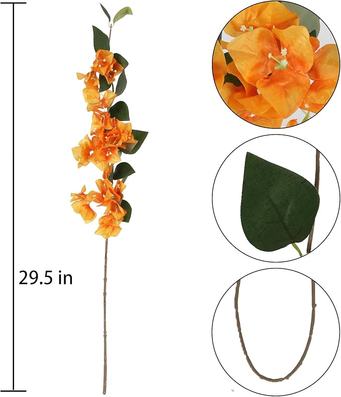 10PCS Bougainvillea Artificial 29.5" Orange Fake Flowers Silk Bougainvillea Vines Faux Bougainvillea Flower Stems Branches for Home Garden DIY Decorations Wedding Centerpieces (Orange)