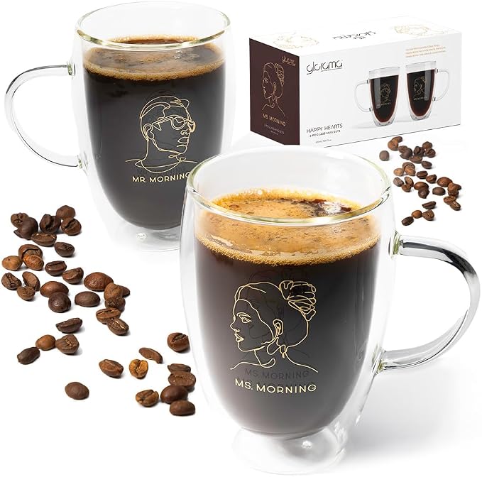GLORAMA Double Walled Glass Coffee Mugs for Couples - Espresso Cups, Coffee Cups for Couples with Gold Line Art Inscription, Freezer & Microwave Safe (12oz)