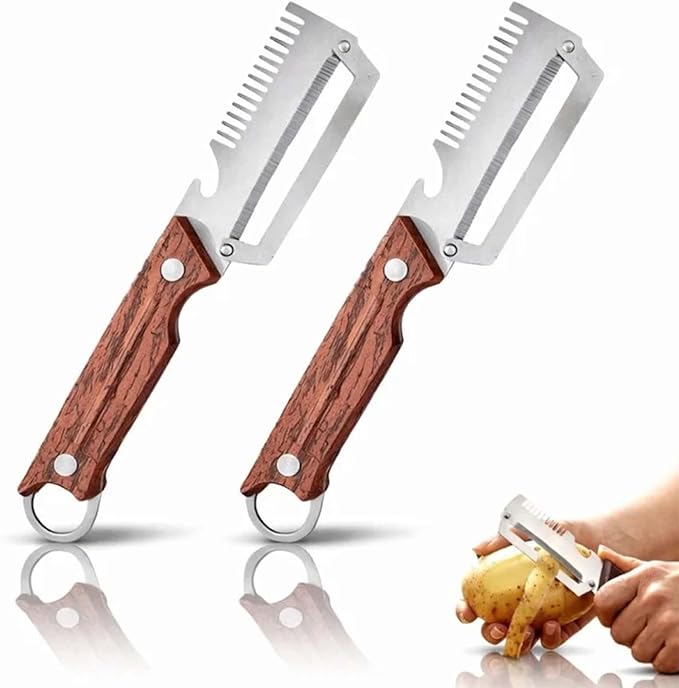 3-1 Multi-functional Vegetable Peeler, 2026 New Ktchen Multi-function Stainless Steel Thickened Fruit Peeler Knife with Wooden Handle,Suitable for Peeling Fruits and Shredding Scallions (A-2PCS)