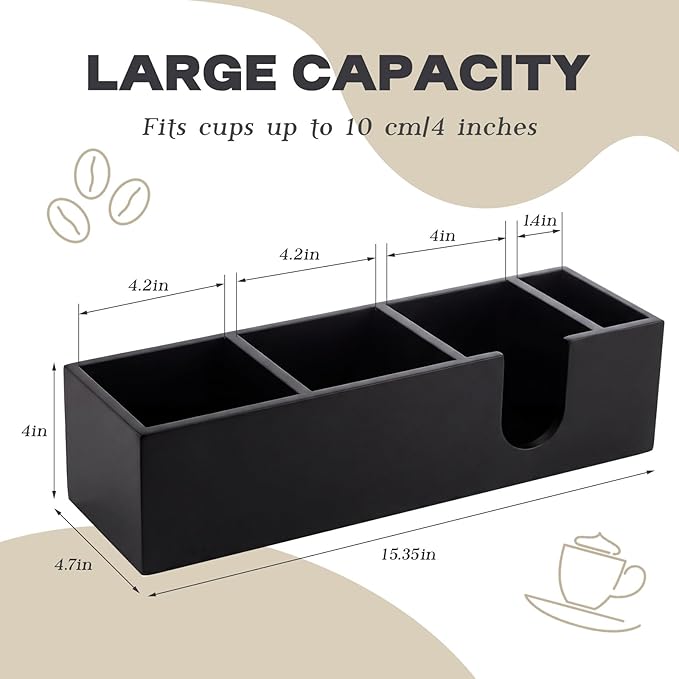 Novabright 4 Compartments Coffee Cup Holder for Countertop Cup Lid and Straw Dispenser Coffee Station Organizer Bar Accessories for Breakroom Restaurant, 15.3 x 4.7 x 4(Black,Pine Wood)