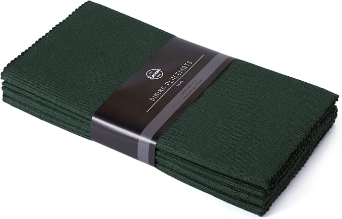 Encasa XO Dining Placemat Set of 6 | Dark Green Color | Fine Ribbed Cotton Table mat | Size 19x13 in | Machine Washable