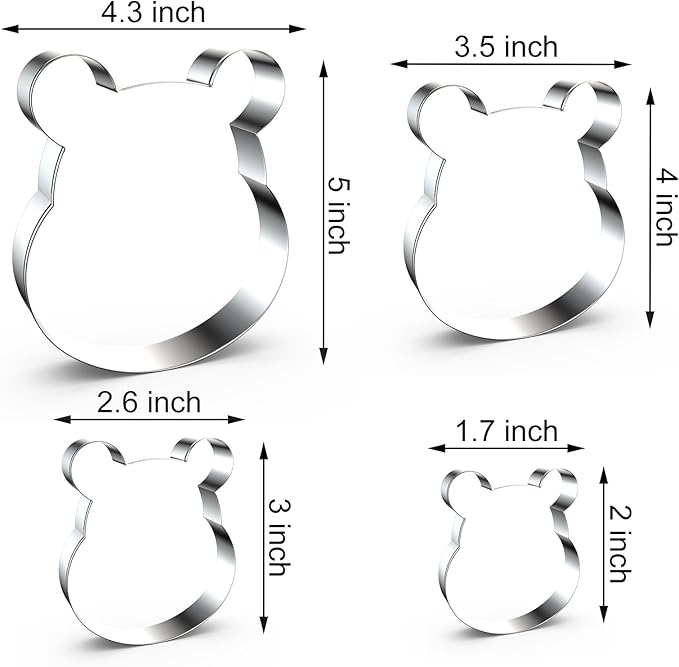 Bear Cookie Cutter Set Large Small Mini - 5", 4", 3", 2" - 4 Piece - Stainless Steel