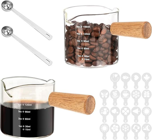 Espresso Shot Glass, 5OZ/150ML Dual Scale Measuring Cup with Wooden Handle, Heat Resistant Espresso Cappuccino Shot Cups with Double V-Shaped Spouts for Coffee Milk Tea Bar Serving