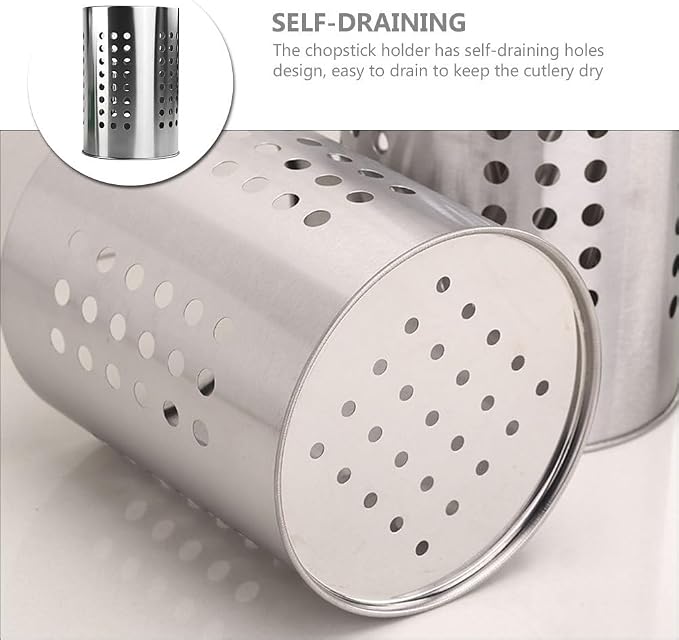 Unomor Stainless Steel Kitchen Utensil Holder with Drain Holes - 7.00 Inch Cutlery Organizer for Chopsticks Spoons & Forks - Countertop Storage for Kitchen Supplies