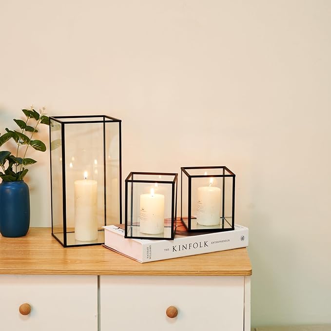 yshengood Hurricane Candle Holder Set of 3 Pcs, Black Candle Holder for Pillar Candle