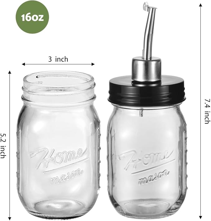 SheeChung Oil Dispenser Bottle for Kitchen, Glass Cooking Oil Bottle, 16oz Mason Jar Vinegar Dispenser Set with Brush, Stainless Steel Pour Spout, Rustic Farmhouse Kitchen Decor 1 Pack