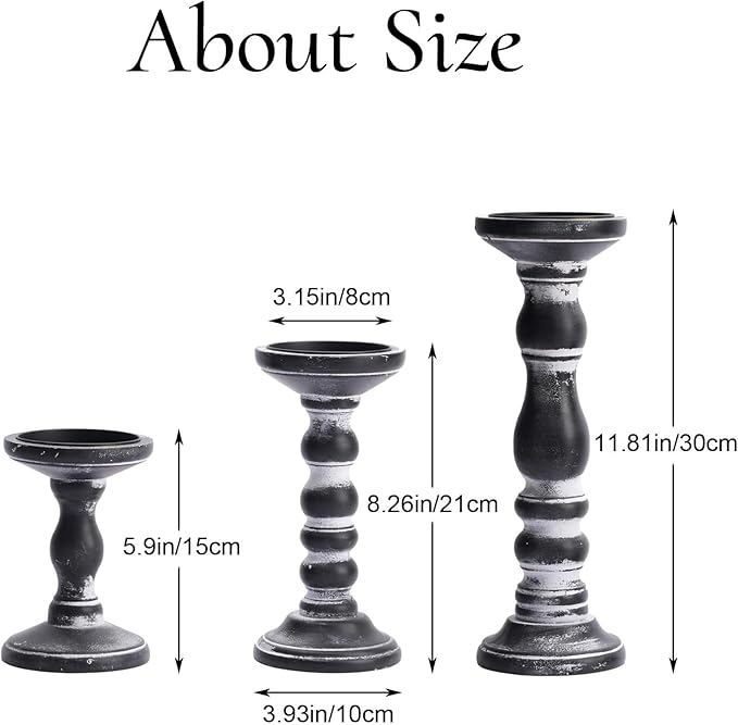 Wooden Pillar Candle Holder: Rustic Black Candle Stand Wood Distressed Candleholders Farmhouse Fall Decor for Christmas Fireplace Mantle Dining Table Living Room Shelf Set of 3