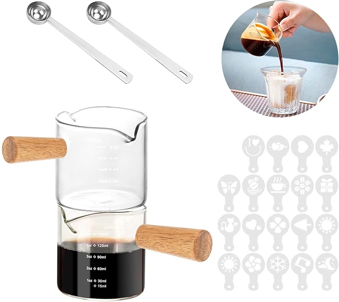 Espresso Shot Glass, 5OZ/150ML Dual Scale Measuring Cup with Wooden Handle, Heat Resistant Espresso Cappuccino Shot Cups with Double V-Shaped Spouts for Coffee Milk Tea Bar Serving