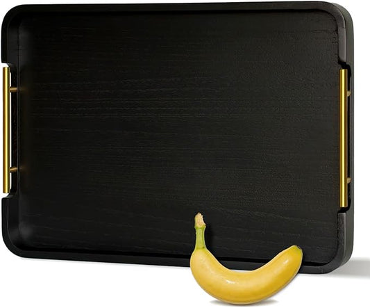 22" x 15.75" Black Wooden Serving Tray with Gold Metal Handles & Rounded Corners, Large Rectangular Wood Ottoman Tray for Living Room, Coffee Station