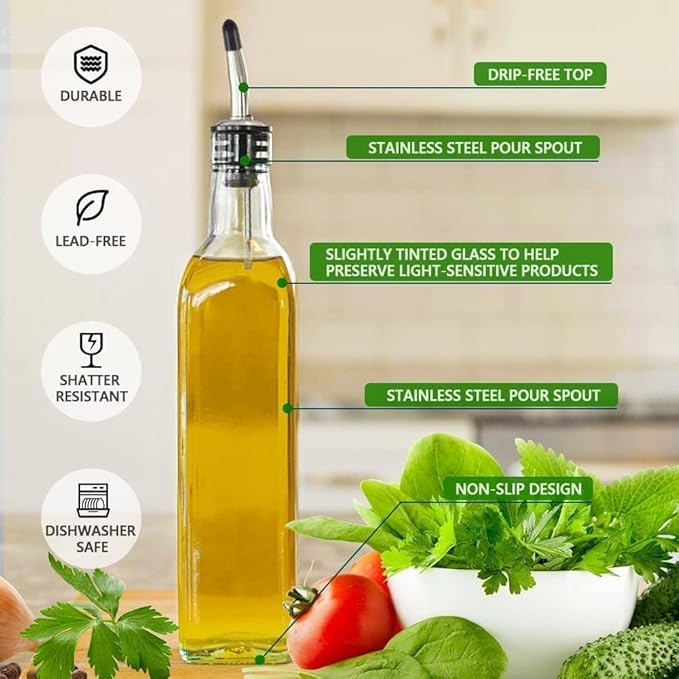 Leaflai Olive Oil Dispenser Bottle, 1 Pcs Glass Olive Oil Dispenser and Vinegar Dispenser Set with 2 Stainless Steel Pourers, 2 Labels,1 Brush and 1 Funnel Oil Bottles for Kitchen (500ml)
