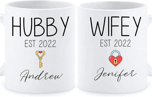 Custom Name With Est Coffee Mug, Hubby Wifey Mug Set Of 2, Personalized Couple Mug Cup For Valentines Day, Lover Mug, Couple Mugs Set, Couple Mugs, Wedding Mug, Couple Gifts, White 11oz Or 15oz