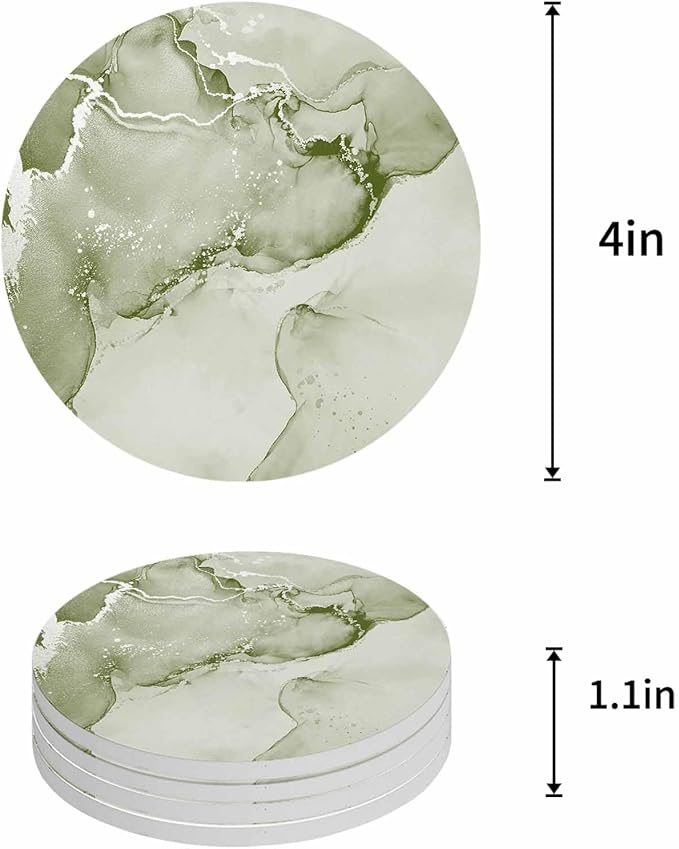 Coasters Set of 4 Sage Green Marble Drink Coasters with Holder Absorbent Stone Ceramic Cup Mat Abstract Waves Cloud Coaster for Drinks Coffee Bar Office Kitchen Cafe Home Table Decor