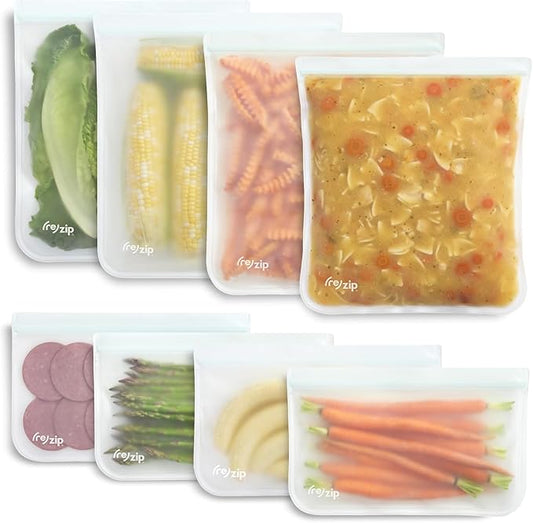 (re) zip 4 Gallon & 4 Half-Gallon Bags for Maximum Freshness | 8-Pack Food Storage Bag Kit | BPA-Free, Leakproof, Airtight, and Freezer-Safe PEVA | Ideal for Marinating and BBQ Prep