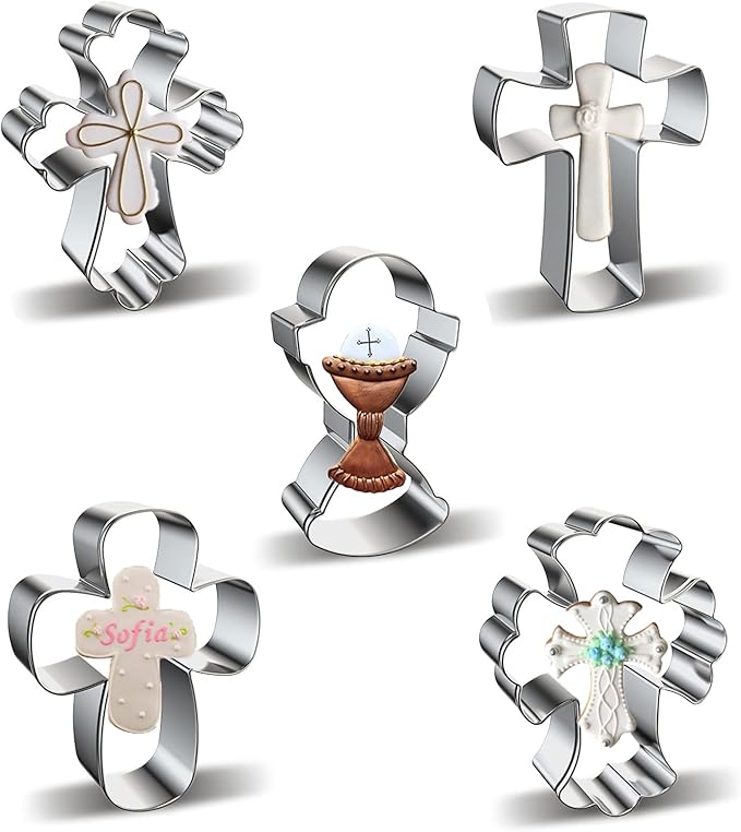 Cross Cookie Cutter Shapes Set, Azflyife 5 Piece Stainless Steel Metal Biscuit Mold Cookie Cutters with Chalice Holy Cup Crucifix Crucifixion for Easter Halloween Christmas Religious Baptism Communion