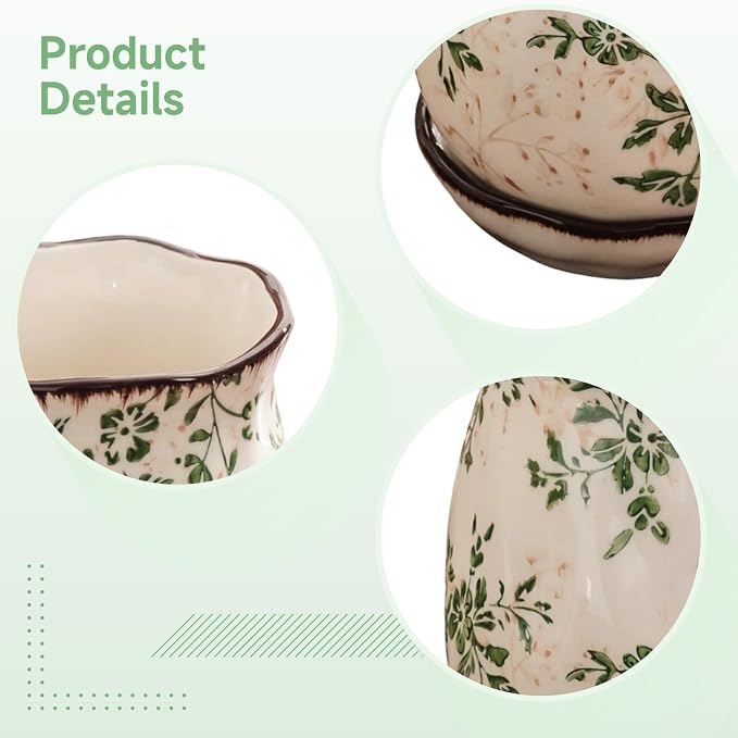 Farmhouse Utensil Holder, Floral Ceramic Chopstick Organizer, White & Green Flower Pattern, Vintage Kitchen Countertop Decor, 5.9 In