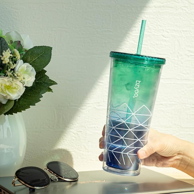 bzyoo SIP 24oz (710ml) Double Wall Plastic Tumbler with Lid and Straw Cold Drink Travel Mug Party Reusable Cup For Office Outdoor Dining Gift For Him & Her (Blue & Green)